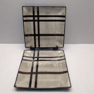 Lot of 2 Pier 1 Imports Ashton Stoneware Square Salad Plates 7 5/8" Brown Tartan